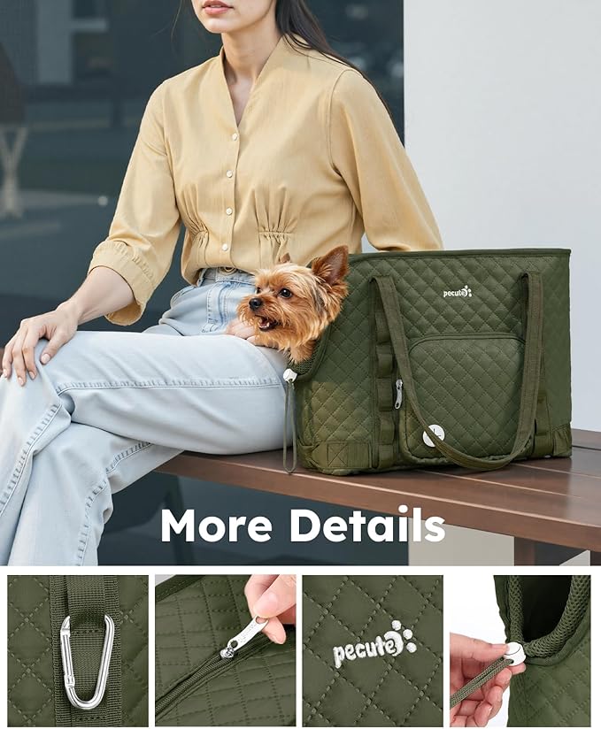 Pecute Dog Purse Carrier, Dog Carrier with Pockets for Small Dogs, Fits Dogs 5 lbs to 9 lbs, Cat and Puppies Tote Bag, Outing, Travel, Vet, Green