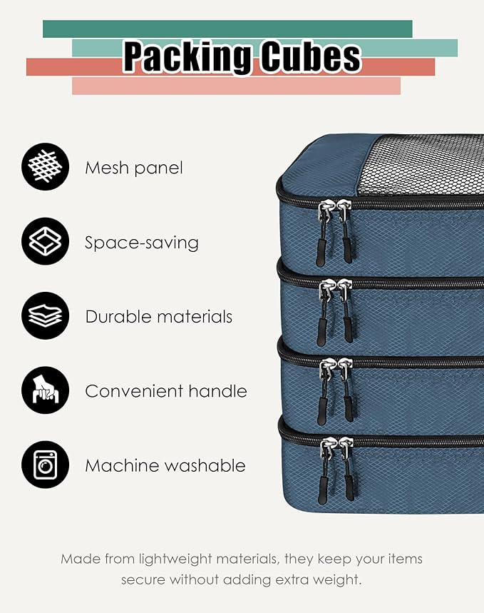 WTREE 4-Piece Packing Cubes Travel Accessories Set for Suitcases - Luggage Organizer Bags with Double Zipper - Mesh Top - Medium - Dark Blue