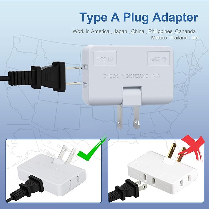 ETwinCoo 3 Way Flat Wall Outlet Extender Safe AC Adapter - 2-Prong Swivel Mini Indoor Wall Tap Plug, Outlet Splitter (Quick & Easy Install) Perfect for Home and Travel, Type A, White (3 Pack)