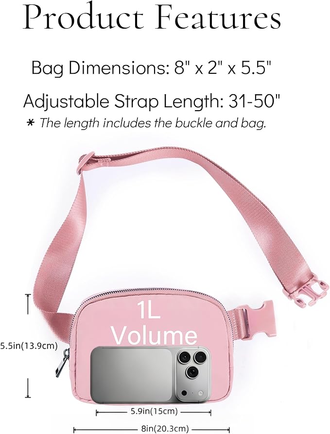 YOSHUYUKI Fanny Pack Crossbody Bag Trendy Waterproof Small Sling Cross Body Purse for Women Men Fashion Waist Packs Mini Belt Pouch Chest Bum Hip Bag Lulu Dupes for Travel Vacation Running Pink