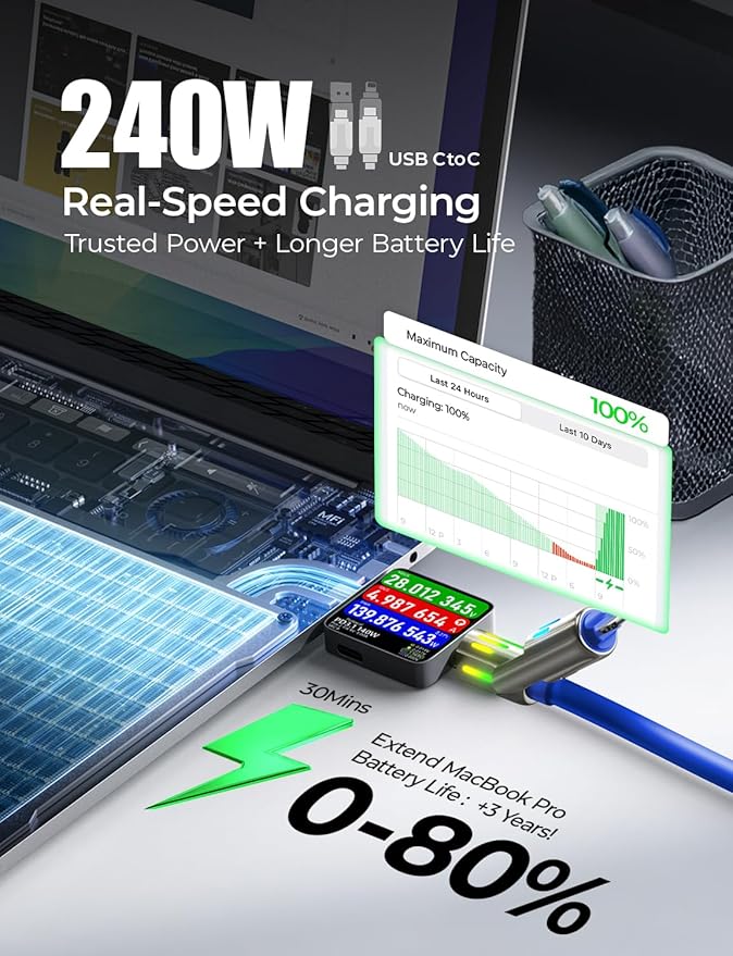LISEN USB C to Lightning Cable, 240W 4 in 1 Charging Cable 6.6FT, Chubby USB A/C to C/Lightning with Light for iPhone Charger Fast Charging iPhone Air 17 16 15 14 Pro/MacBook/iPad, Dark Blue
