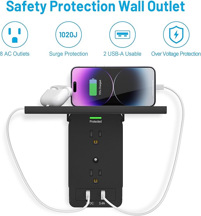 Socket Wall Shelf-CFMASTER 10 Port Surge Protector Wall Outlet, 8 Electrical Outlet Extenders and 2 USB Ports 2.4A, with Removable Built-In Shelf, FCC Listed (2, Black)