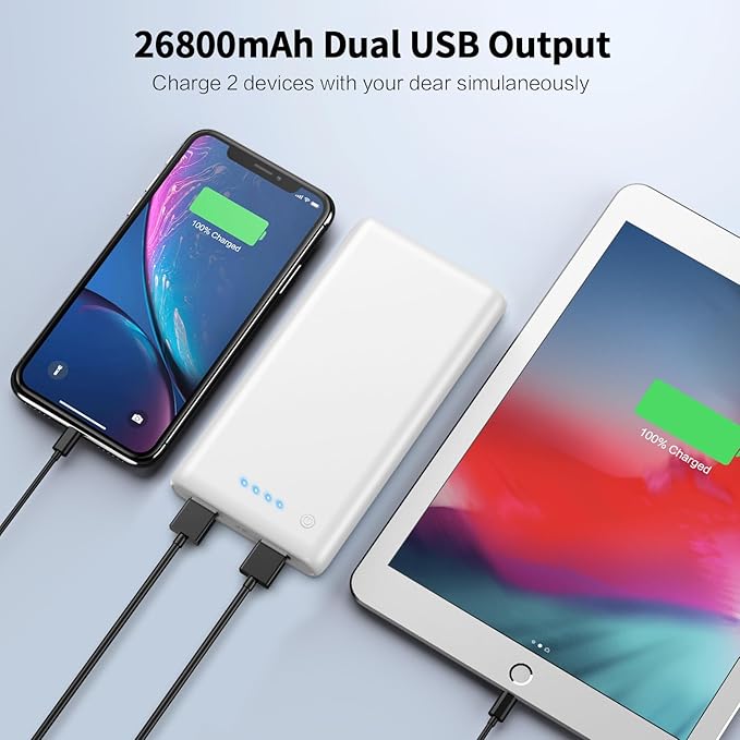 Portable Charger Power Bank 26800mah,Ultra-High Capacity Safer External Cell Phone Battery Pack,2 USB Output High Speed Charging Power bank Compatible with iPhone 17/16/15/14/13 Samsung Android-White