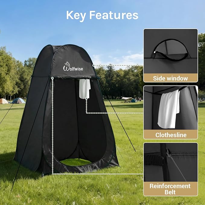 Wolfwise Pop Up Shower Tent, Portable Instant Changing Tent with Ventilation Window & Carry Bag, Privacy Bathroom Toilet for Beach, Camping & Outdoor, Width 47 ", Height 75 ", Black