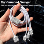 Bling Dual USB Car Charger with 3-in-1 Multi Fast Charging Cable, Dual Port Charger Adapter with Type C Micro USB Cord for iPhone, Android, Rhinestones Car Interior Accessories for Women(White)