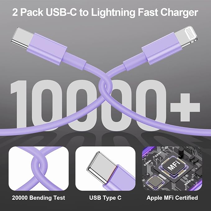 2 Pack Fast Charger Cable, 6ft USB-C to Lightning Cable, MFi Certified, Purple, for iPhone14/13/12/11 Pro Max/Mini/XR/XS, etc.