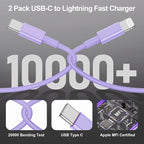 2Pack Purple Fast Charger Cable 10ft [Apple MFi Certified], USB Type C to Lightning Cable 10 Foot for Apple iPhone 14/13/12 Pro XR XS Max X 8 Plus