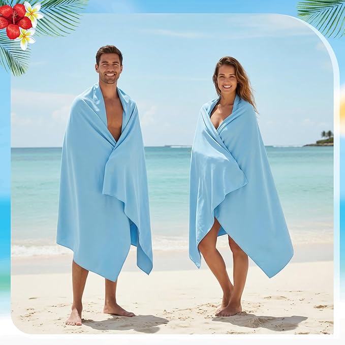 EBOOT 10 Pack Oversized Beach Towel Set Extra Large Pool Towels Microfiber Quick Dry Swim Blanket for Adult Women Men Face Hand Body Bath Travel Pool(Light Blue,31 x 63 Inch,Micro Stripe)