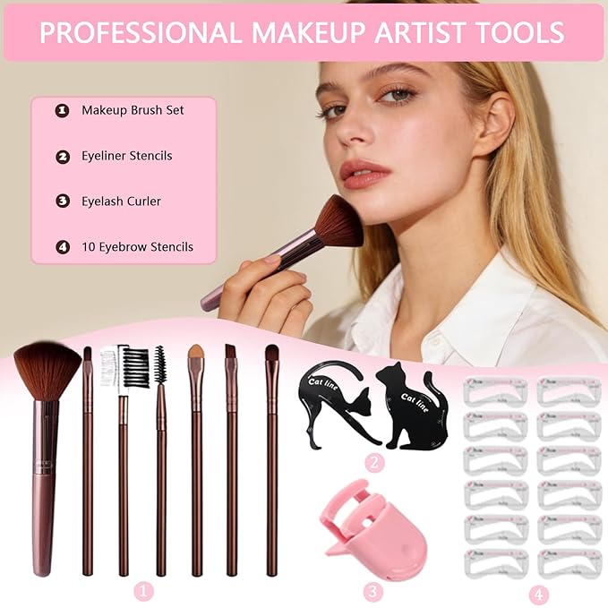 All-in-One Makeup Kit for Teens Women Full Kit, Makeup Gift Set for Girls, Makeup Essential Bundle Includes Eyeshadow Foundation Lipsticks Lipgloss Mascara Eyeliner Contour Stick Cosmetic Brush Set