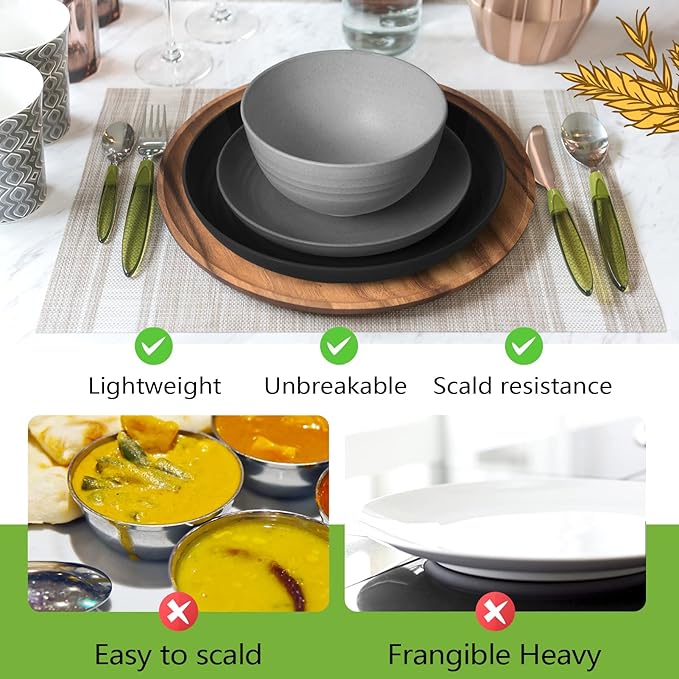 Teivio 32-Piece Kitchen Plastic Wheat Straw Dinnerware Set, Service for 8, Dinner Plates, Dessert Plate, Cereal Bowls, Cups, Unbreakable Colorful Plastic Outdoor Camping Dishes, Gray Ombre