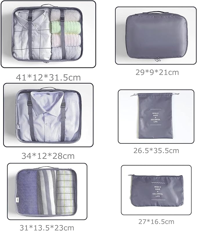 LANSKLBD 6 Set Packing Cubes for Travel, Luggage Organizers with Shoe & Toiletry Bags, Lightweight Suitcase Organizer for Carry-On, Washable Laundry Bags(Grey)