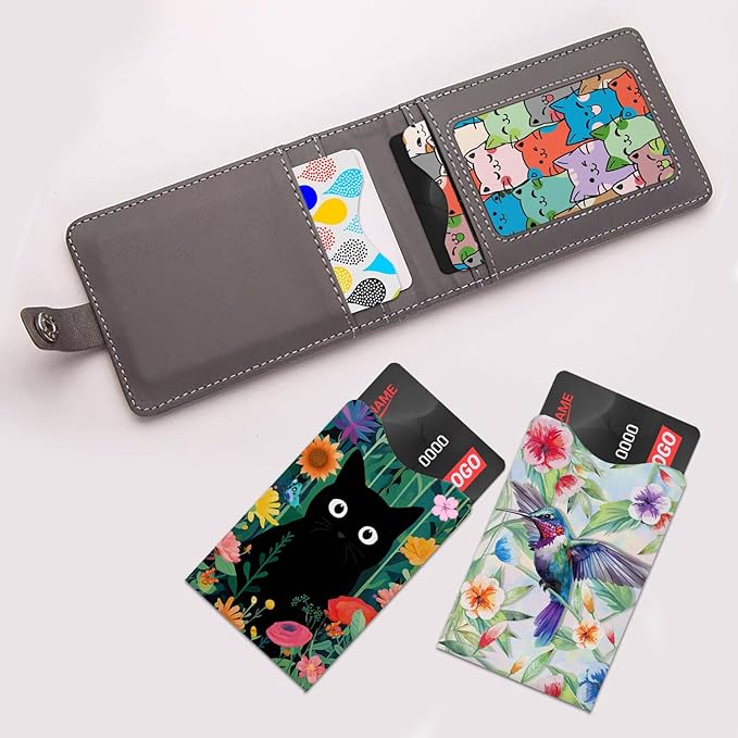 12 PCS RFID Blocking Sleeves, Credit Card Holder for Women Men Protect Cards Identity from Electronic Theft Travel Case Set (Black Cat Flower)