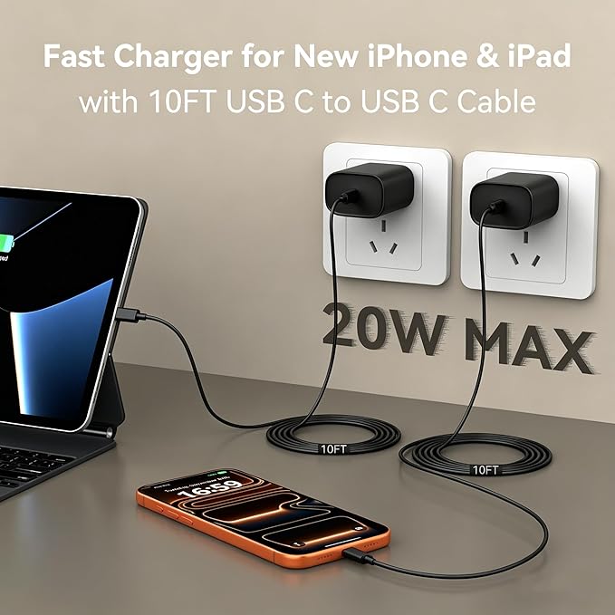 Phone 17 16 15 Charger Fast Charging, 10 FT Long USB C Charger Cord with 20W Type C Fast Phone Charging Block forPhone 17/17 Pro/17 Pro max/Air/Phone 16 15 Pro Max Plus, iPad, Android,Black
