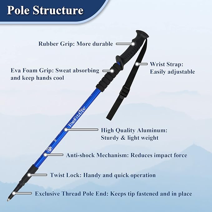 TheFitLife Nordic Walking Trekking Poles - 2 Sticks with Anti-Shock and Quick Lock System, Telescopic, Collapsible, Ultralight for Hiking, Camping, Mountaining, Backpacking, Walking, Trekking