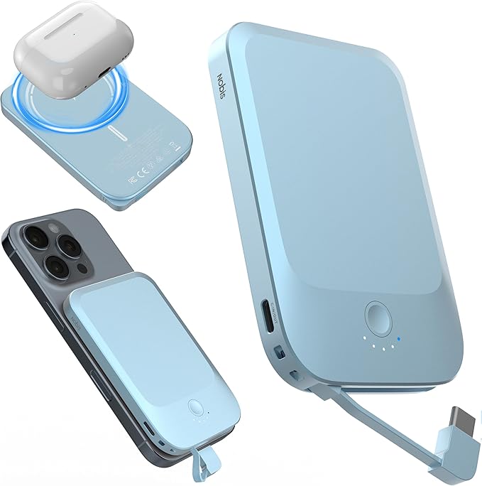 NOBIS Slim Magnetic Power Bank 5000mAh with Built-in Cable Wireless Portable Charger QC 3.0 22.5W PD Fast Charging USB C in/Out, for MagSafe Battery Pack for Phone 16 Android
