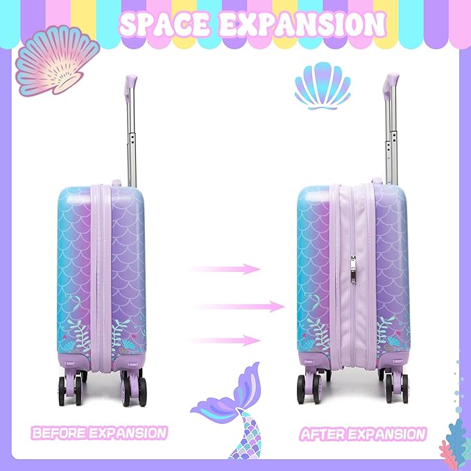 Cute Mermaid Kid’s Luggage Set 2 Piece Suitcase Set 16’’ Hardside Luggage with Spinner Wheels Girls Travel Rolling Luggage Carry on Luggage Airline Approved