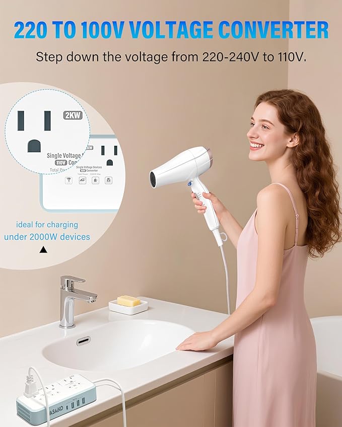 220V to 110V Voltage Converter US to Europe, 2000W Voltage Converter for European Travel with 3 AC 2 USB-C 2 USB-A Ports, and EU/UK/AU/IT European Travel Plug Adapter