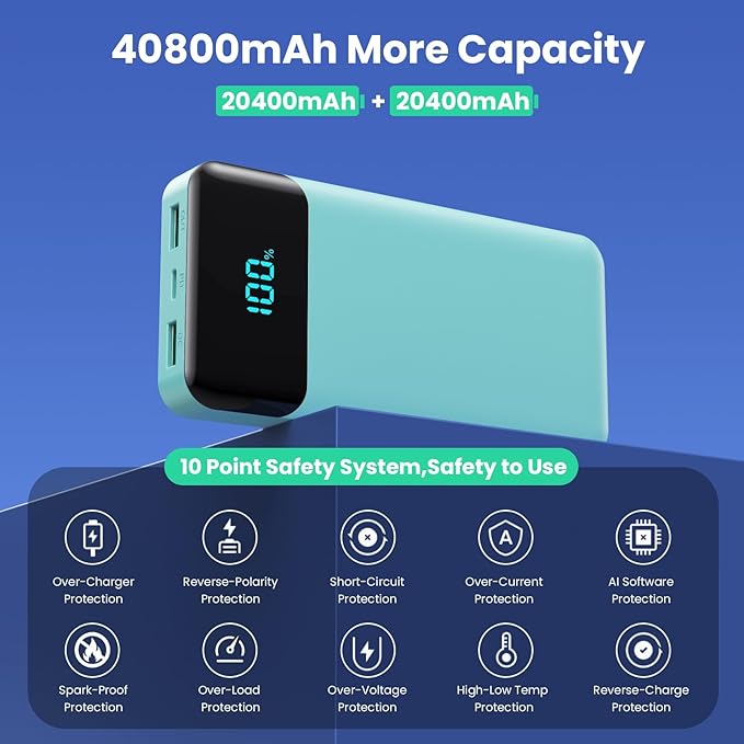 Portable Charger 40800mAh Power Bank with 3 Built-in Cables,PD 25W USB C in&Out Power Bank Fast Phone Charging,QC4.0 5 Outputs Travel Camping Essential Battery Pack for iPhone 17/16,Samsung etc-Green