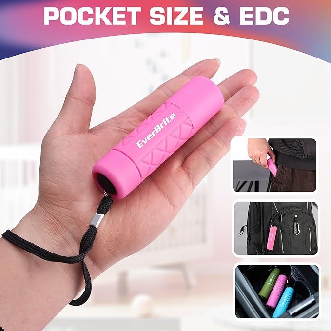 EverBrite Mini Flashlight 3-Pack, Small Flash Lights 9 AAA Batteries Included, Pink/Green/Blue LED Flashlights with Lanyard for Camping/Emergencies