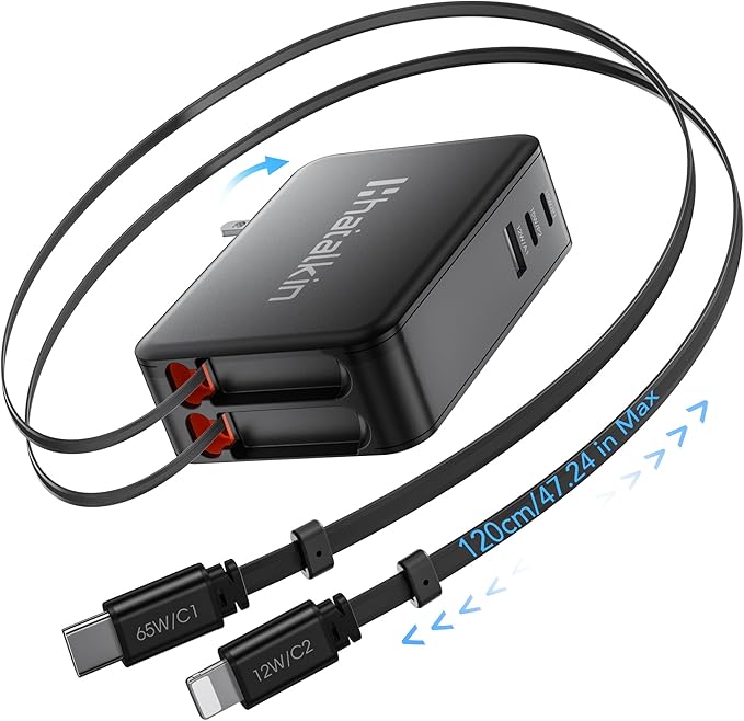 65W for MacBook Pro Charger,5-in-1 Retractable Wall Charger Plug for iPhone 17,3.94 ft PD USB C&Lightening Cable&3 Ports,Fast Charging Block for Mac Book Pro/Air,M1 M2 M3 M4 M5,iPad Pro,Galaxy,Pixel