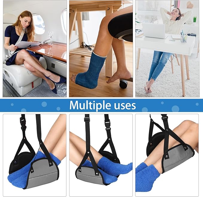 Yerliker Airplane Foot Hammock(Memory Foam) with Earplugs and Eye Mask Travel Necessities Adjustable Airplane Desk Foot Rest for Long Trip Pain and Swelling Relief(Gray)