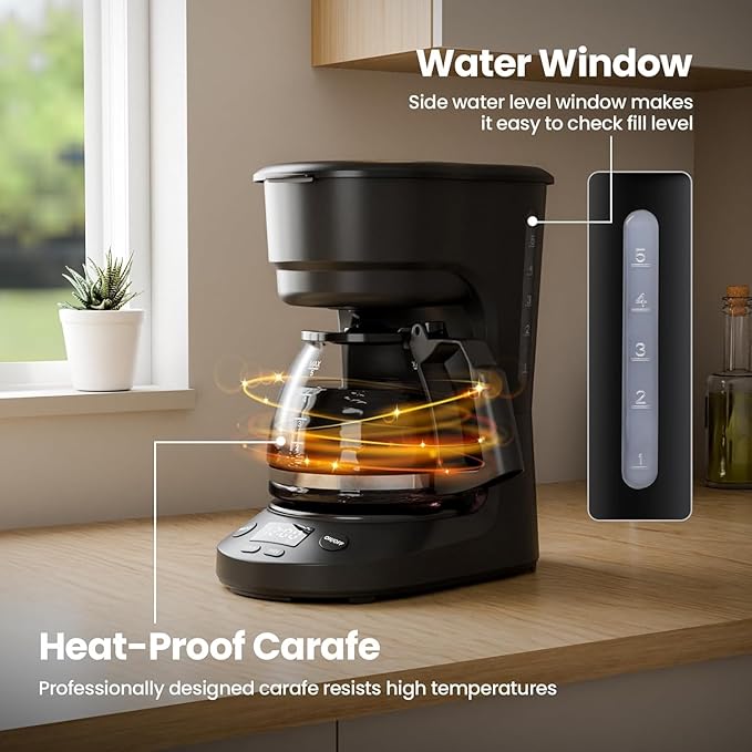 Kismile 5-Cup Drip Coffee Machine with LED Display, Small Coffee Maker with Anti-Drip, Timer, Auto Shut-Off, Dry-Boil Protection, Removable Funnel, Compact, Ideal for Home & Office