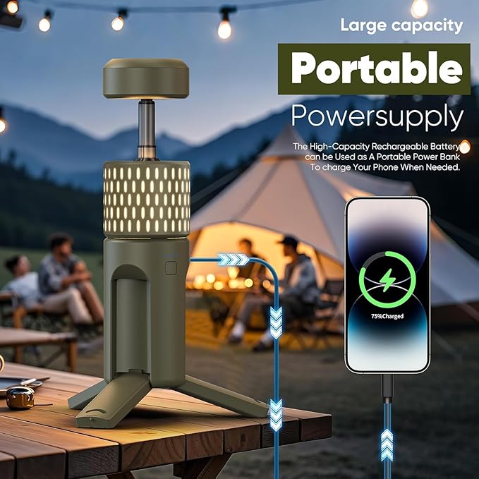 Camping Light Telescopic, Collapsible Tripod Camping Lantern, 12000mAh Rechargeable Camping Lamp with Stand, Dimmable & Portable IPX54 Waterproof Flashlight for Emergency (Military Green)
