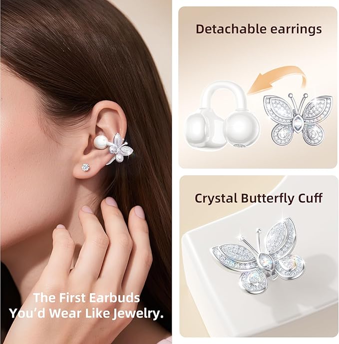 Kinglucky Jewelry-Inspired Clip-On Earbuds with Butterfly Earrings, Comfortable Fit & 50H Playtime Open Ear Bluetooth 5.4 Wireless Headphones for Women, Small Ears, Sports & Workouts (White)