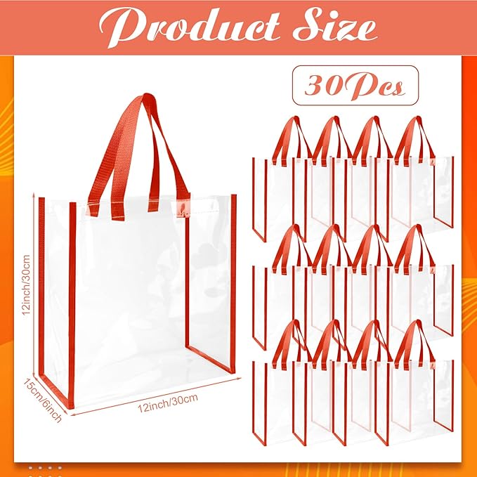 Eccliy 30 Pack 12x12x6 Inch Clear Tote Bag Stadium Approved Bulk Plastic Beach Tote Gift Bag with Handle for Gym Sports | 30 Pack, 12x12x6 Inch, Stadium Approved, Bulk, with Handle, Tote Gift Bag