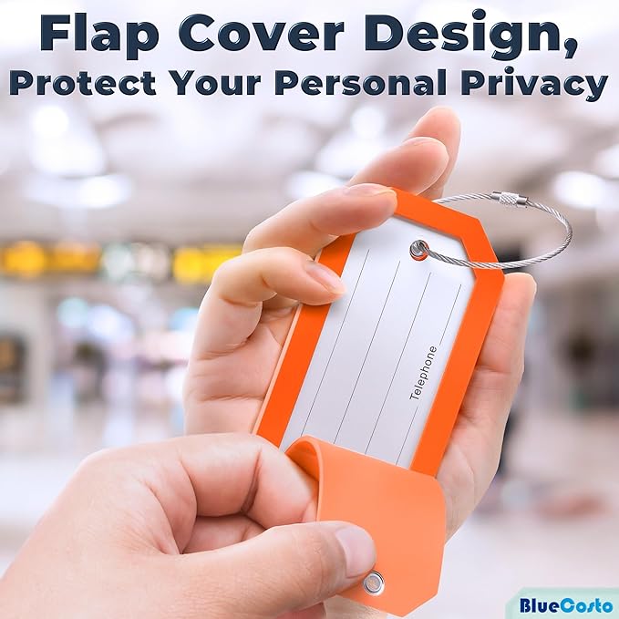 BlueCosto - Luggage Tags - Large, Orange, 5 PK - PVC Suitcase Tags w/Privacy Cover & Stainless Steel Wire Loops - Personalized Baggage Identifiers for Travel - Backpack Name Labels