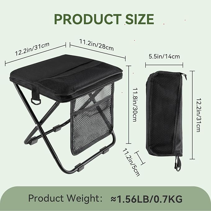 Portable foldable backpack stool, Camping Chair, with dual storage pockets and side pockets Compact adult-sized portable stool, ideal for camping, hiking, outdoor activities capacity 250 lbs (Black)