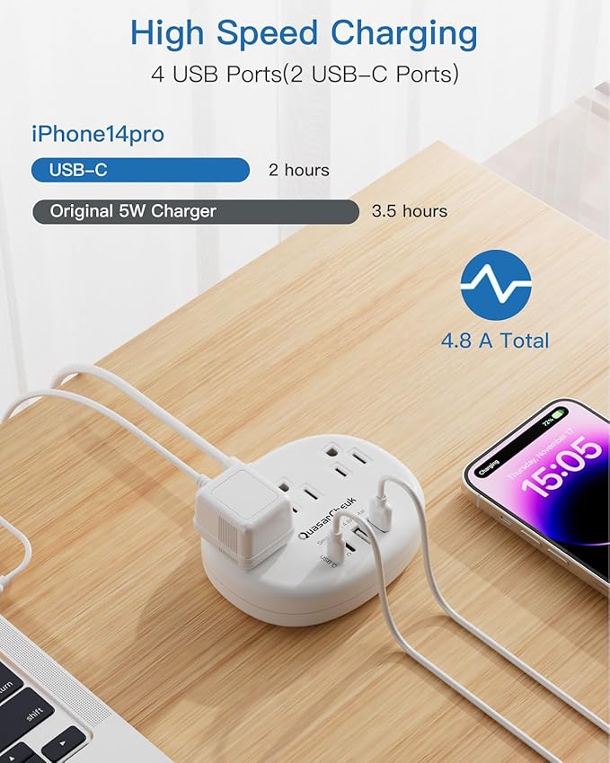 UK Ireland Travel Plug Adapter, US to UK Plug Adapter, Type G Travel Adapter with 3 Outlets 4 USB(2 USB C), 5FT Extension Cord, for US to Scotland London England British Irish Dubai Kenya Hong Kong