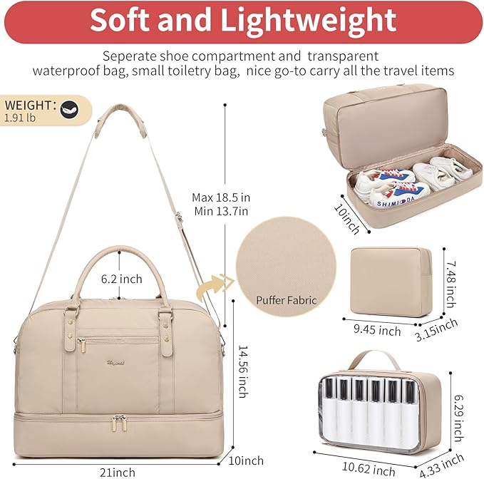 Wogarl 4PCS Weekender Bags for Women Large Overnight Weekend Travel Duffel Carry on Shoulder with Shoe Compartment Canvas Toiletry Bag for Travel Business Gym