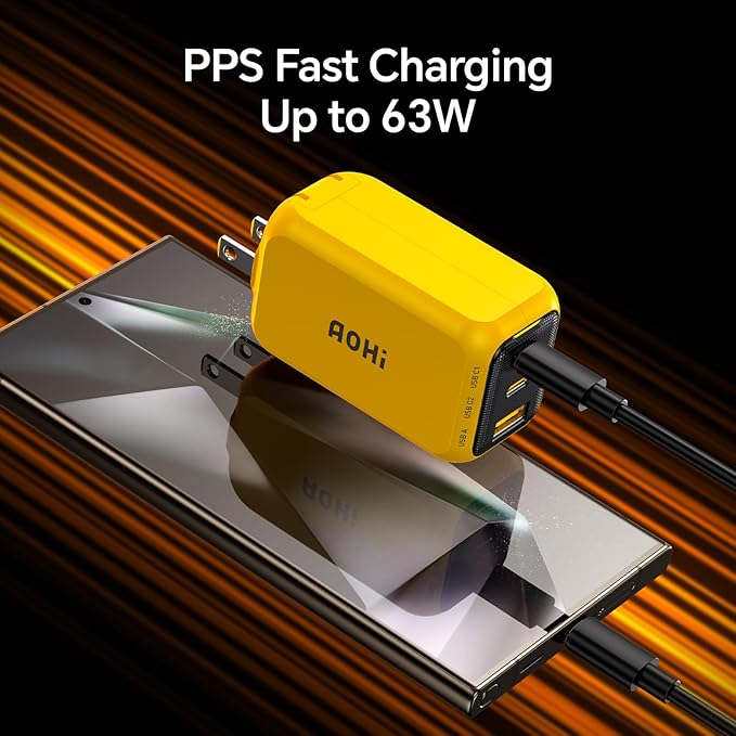 AOHI Youth 65W GaN+ USB C Charger Block, 3-Port PPS Type C Compact Foldable Laptop Fast Wall Charger for MacBook Pro/Air, iPad Pro, iPhone 17/16 Pro Max, Galaxy S24, Pixel, Steam Deck and More, Yellow