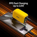 AOHI Youth 65W GaN+ USB C Charger Block, 3-Port PPS Type C Compact Foldable Laptop Fast Wall Charger for MacBook Pro/Air, iPad Pro, iPhone 17/16 Pro Max, Galaxy S24, Pixel, Steam Deck and More, Yellow