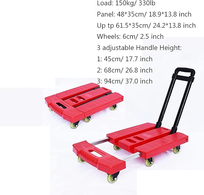 Foldable Hand Cart with 6 Wheels Extendable Handle 330 lbs Capacity Compact Trolley for Home Office Travel Luggage Moving Heavy-Duty Utility Cart