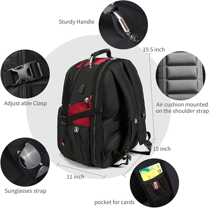 SHRRADOO Extra Large 50L Travel Laptop Backpack with combination lock, College Backpack Airline Approved Business Work Bag Fit 17 Inch Laptops for Men Women,Red