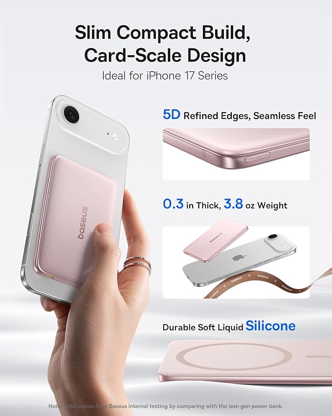 Baseus Picogo Power Bank, 0.3" Ultra Slim 5000mAh MagSafe Battery Pack, Upgraded CCC Certified and Polished Alloy Magnetic Portable Charger, Wireless Charger for iPhone 17/16/15/14/13/12