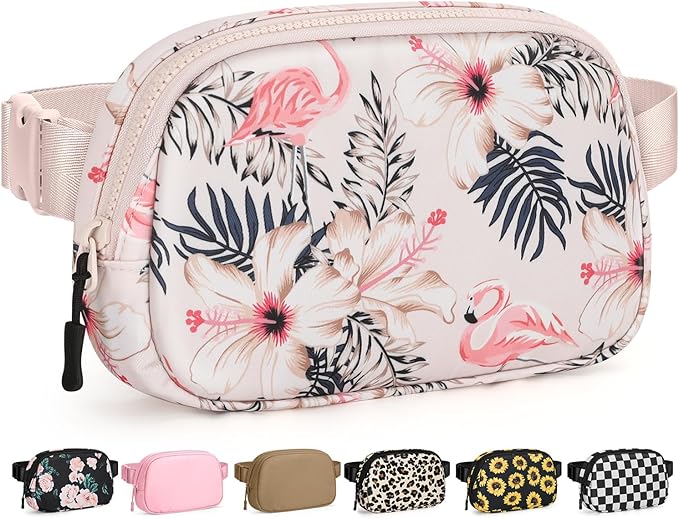 Pritent Fanny Packs for Women Cross Body Bag Waterproof Belt Bag with Adjustable Strap and Zipper Back Pocket Small Crossbody Bags Fashion Waist Packs for Workout Travelling(Flamingo Print)