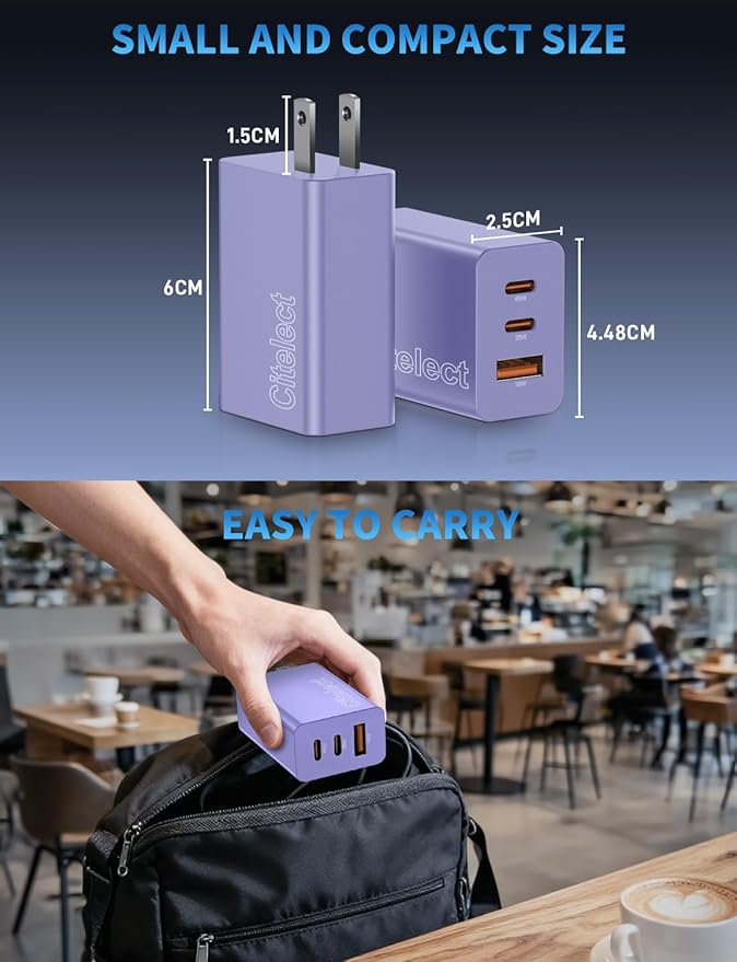 2Pack 65W USB C Charger Block, 3Port Fast Charging Adapter,Type C Fast Charging Blocks Cube PD USBC Wall Plug+QC3.0 USB A Charger Brick for MacBook Pro/Air,iPad,iPhone17/16,Samsung S26/S25&More-Purple