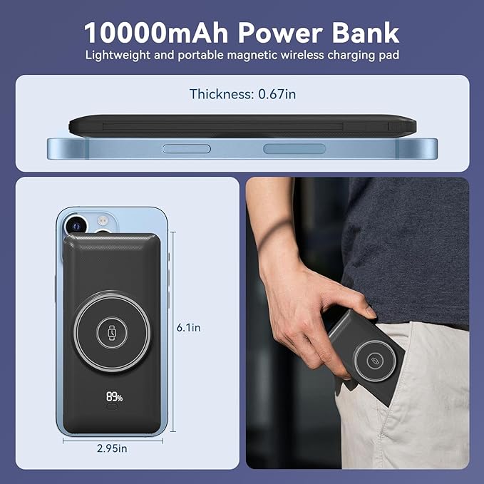 Magnetic 10000mAh Portable Charger for iWatch & iPhone, PD Fast Charging Wireless Power Bank Built-in Cables and Wall Plug, External Travel Battery Pack Compatible with iOS Android Phones