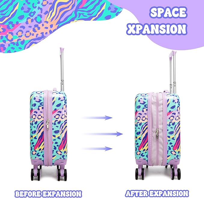 Kids Luggage with Spinner Wheels 5 Piece Carry on Suitcases for Girls Backpack with Lunch Box Pencil Case 16" Toddler Suitcase Set Airline Approved (Blue Purple Leopard)