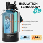 Swigina [2-IN-1 LID] 64 oz Insulated Water Bottle with Silicone Boot (48hrs Cold/24hrs Hot) - DIY Stickers, Leakproof, BPA Free, Half Gallon