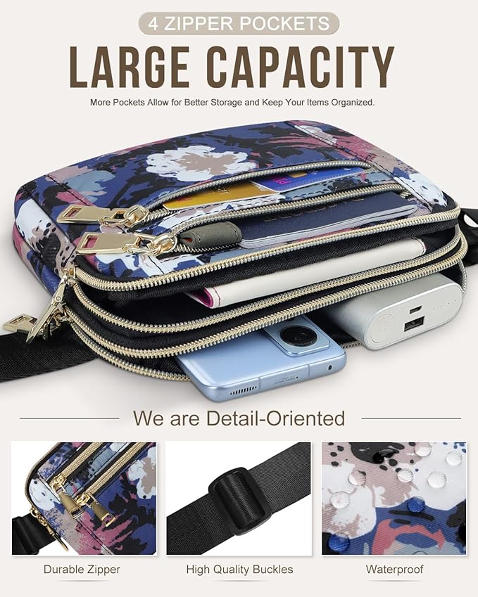 Capolo Fanny Packs for Women Fashion Waist Packs Bag with Adjustable Strap and 4 Zipper Pockets Waterproof Everywhere Crossbody Belt Bag for Workout Running Travelling(Watercolor Print, Large)