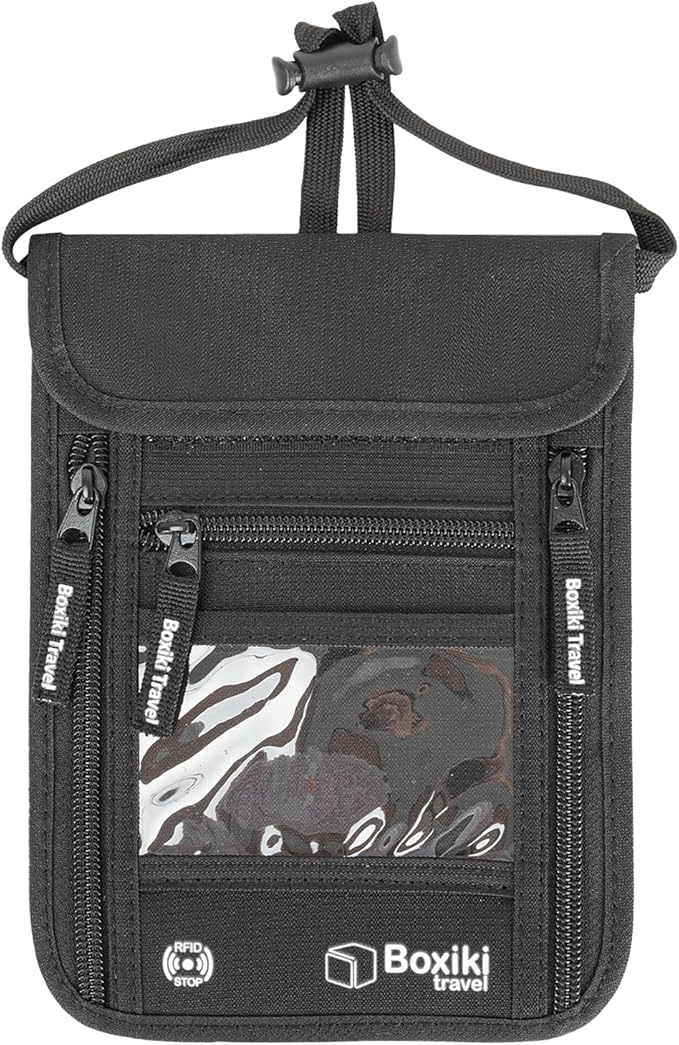 RFID Travel Neck Wallet - Black | Sleek, Secure Passport Holder and Money Pouch with Adjustable Neck Strap for Men and Women to Keep Cash, Credit Cards and Travel Documents Safe.
