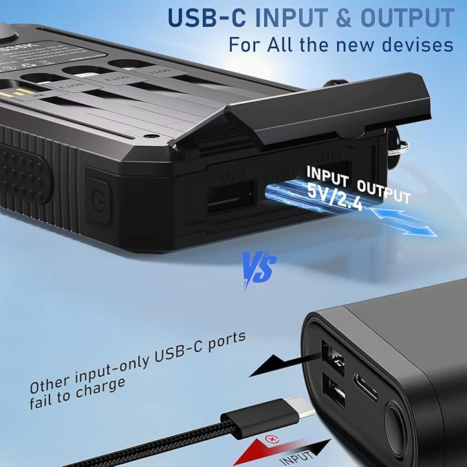 Solar Charger Power Bank 20,000mAh, Portable Charger, 4 Cables 3 Ports Fast Charging External Battery Pack with USB C for Cell Phones, Solar Panel Charger with Dual Flashlight for Camping Black
