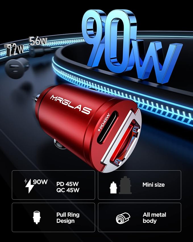 MRGLAS 90W USB C Car Charger Fast Charge, PD45W & QC45W, Flush Fit, Extra 3.3ft Type C Cable, All Metal, Cigarette Lighter USB Charger for iPhone 16 15 Pro Samsung S25 S24 S23 Ultra Pixel 8/8Pro/7-Red