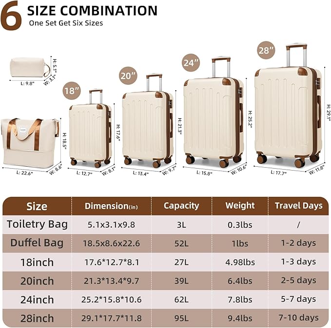 6 Piece Luggage Sets with Bags, Lightweight Expandable Checked Luggage Sets, Hardshell ABS Spinner Wheels Carry on Suitcase with TSA Lock, for Travel, Women Men (2 Cream Brown, 18/20/24/28inch+2bags)