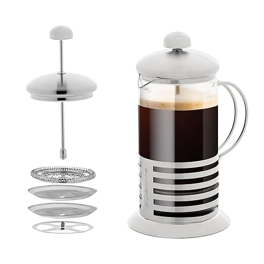 OVENTE French Press Coffee Maker 20 Ounce with Heat Resistant Borosilicate Glass, Stainless Steel Design and 4-Level Filter System, Portable Cold Brewer Pot for Travel, Camping or Gift, Silver FSH20S