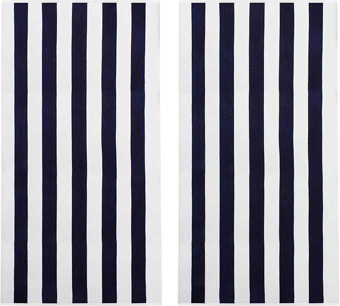 COTTON CRAFT Oversized Beach Towel - 2 Pack 35 x 70 inches XL Beach Towel - 100% Cotton Velour - Big & Huge - Thick Plush 450 GSM Super Soft Luxury Towel - Pool Picnic Bath - Cabana Stripe Navy